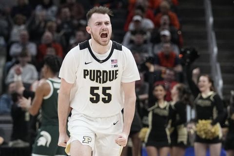 Purdue guard Sasha Stefanovic (55) reacts during the second half of an NCAA college basketball game against Michigan State in the semifinal round at the Big Ten Conference tournament, Saturday, March 12, 2022, in Indianapolis. (AP Photo/Darron Cummings)