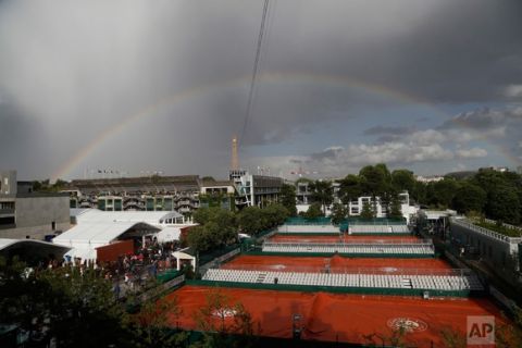 In this Tuesday, June 6, 2017 photo, a rainbow sits in the sky over covered courts as rain showers suspended the quarterfinal match of Denmark's Caroline Wozniacki and Latvia's Jelena Ostapenko of the French Open tennis tournament at the Roland Garros stadium, in Paris, France. (AP Photo/Petr David Josek)
