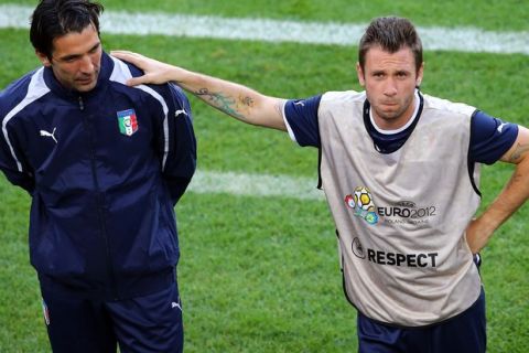 POZNAN, POLAND - JUNE 17:  (L-R) Gianluigi Buffon and Antonio Cassano of Italy make nonsense during a UEFA EURO 2012 training session at the Municipal Stadium on June 17, 2012 in Poznan, Poland.  (Photo by Christof Koepsel/Getty Images)