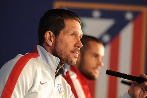 MADRID, SPAIN - APRIL 13:  Head coach Diego Simeone of Club Atletico de Madrid holds his press conference ahead of the UEFA Champions League Quarter Final, First Leg match at the Vicente Calderon stadium on April 13, 2015 in Madrid, Spain.  (Photo by Denis Doyle/Getty Images)