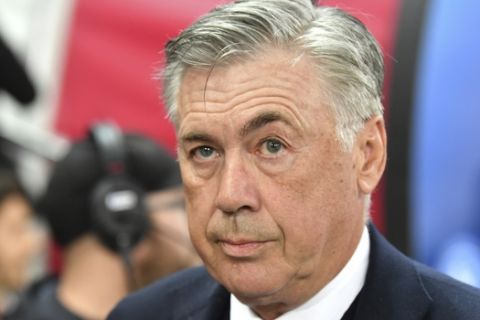 Napoli's head coach Carlo Ancelotti prior to the Champions League Group E soccer match between FC Red Bull Salzburg and Napoli in Salzburg, Austria, Wednesday, Oct. 23, 2019. (AP Photo/Kerstin Joensson)