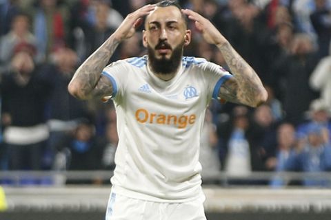 Marseille's Konstantinos Mitroglou reacts during the Europa League Final soccer match between Marseille and Atletico Madrid at the Stade de Lyon in Decines, outside Lyon, France, Wednesday, May 16, 2018. (AP Photo/Thibault Camus)