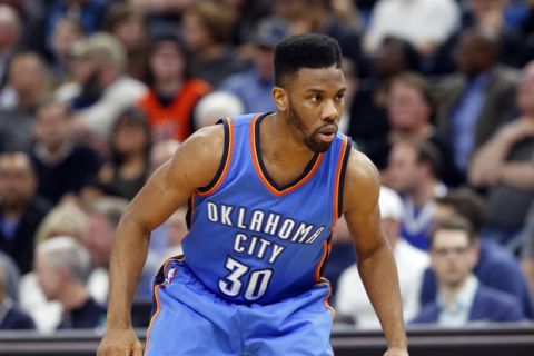 Oklahoma City Thunder's Norris Cole plays during the second half of an NBA basketball game against the Minnesota Timberwolves Tuesday, April 11, 2017, in Minneapolis. (AP Photo/Jim Mone)