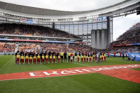 Teams line up ahead the group A match between Egypt and Uruguay at the 2018 soccer World Cup in the Yekaterinburg Arena in Yekaterinburg, Russia, Friday, June 15, 2018. (AP Photo/Mark Baker)