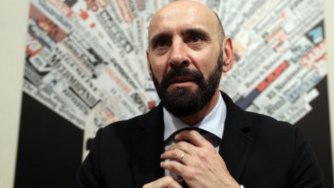 FILE - In this Wednesday, March 28, 2018 file photo, Roma sports director Ramon Rodriguez Verdejo, known as Monchi, talks to journalist during a press conference, at the foreign press association headquarters, in Rome. The fallout from Roma's Champions League exit continues as sports director Ramon Rodriguez Verdejo, known as Monchi, has left the club by mutual consent after less than two years in his position. Roma announced Friday that "the two parties have reached a mutual agreement to bring an early end to their professional relationship." Monchi had another two years left on his contract, which he signed in April 2017 after ending a 17-year stint with Sevilla. The 50-year-old has been linked with a move to Arsenal. (AP Photo/Andrew Medichini, File)