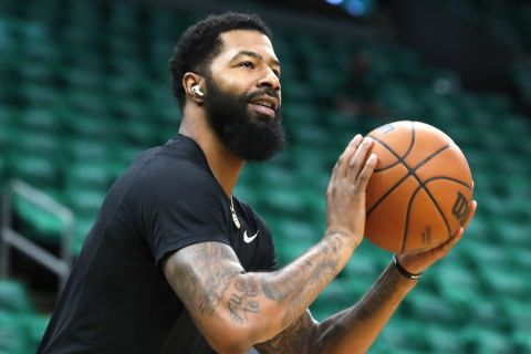 Miami Heat's Markieff Morris warms up before Game 3 of the NBA basketball Eastern Conference finals playoff series against the Boston Celtics, Saturday, May 21, 2022, in Boston. (AP Photo/Michael Dwyer)