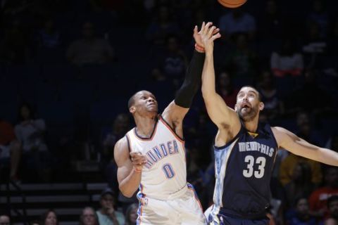 TULSA, OK - OCTOBER 13:  Russell Westbrook #0 of the Oklahoma City Thunder shoots the ball against Marc Gasol #33 of the Memphis Grizzlies during a preseason game on October 13, 2016 at the BOK Center in Tulsa, Oklahoma.  NOTE TO USER: User expressly acknowledges and agrees that, by downloading and or using this Photograph, user is consenting to the terms and conditions of the Getty Images License Agreement. Mandatory Copyright Notice: Copyright 2016 NBAE (Photo by Shane Bevel/NBAE via Getty Images)