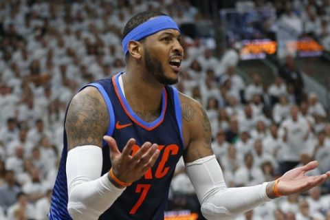 Oklahoma City Thunder forward Carmelo Anthony (7) argues a foul in the first half during Game 4 of an NBA basketball first-round playoff series against the Utah Jazz Monday, April 23, 2018, in Salt Lake City. (AP Photo/Rick Bowmer)