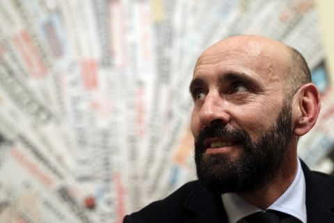 Roma sports director Ramon Rodriguez Verdejo, known as Monchi, talks to journalist during a press conference, at the foreign press association headquarters, in Rome, Wednesday, March 28, 2018. (AP Photo/Andrew Medichini)