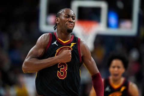Cleveland Cavaliers' Caris LeVert reacts during the second half of an NBA basketball game against the Indiana Pacers, Friday, Feb. 11, 2022, in Indianapolis. Cleveland won 120-113. (AP Photo/Darron Cummings) 