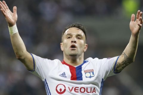 Lyon's Mathieu Valbuena appeals for a foul during the second leg semi final soccer match between Olympique Lyon and Ajax in the Stade de Lyon, Decines, France, Thursday, May 11, 2017. (AP Photo/Laurent Cipriani)