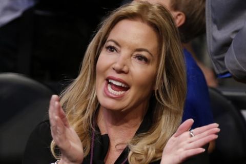 Los Angeles Lakers President & Governor Jeanie Buss, attends the NBA basketball game between the Los Angeles Lakers and Philadelphia 76ers, Sunday, March 12, 2017, in Los Angeles. The 76ers won 118-116. (AP Photo/Danny Moloshok)