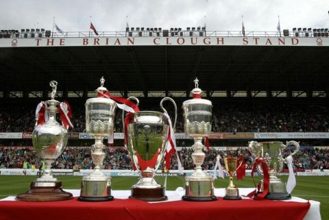 The trophies that legendary manager Brian Clough won during his time as manager of Nottingham Forest, incuding the old Division One League Championship (left) and the European Cup (3rd left) before the Coca-Cola Championship match against West Ham United at the City Ground. THIS PICTURE CAN ONLY BE USED WITHIN THE CONTEXT OF AN EDITORIAL FEATURE. NO UNOFFICIAL CLUB WEBSITE USE.