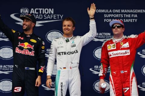 SHANGHAI, CHINA - APRIL 16: The top three qualifiers, Nico Rosberg of Germany and Mercedes GP, Daniel Ricciardo of Australia and Red Bull Racing and Kimi Raikkonen of Finland and Ferrari, celebrate in parc ferme during qualifying for the Formula One Grand Prix of China at Shanghai International Circuit on April 16, 2016 in Shanghai, China.  (Photo by Mark Thompson/Getty Images)