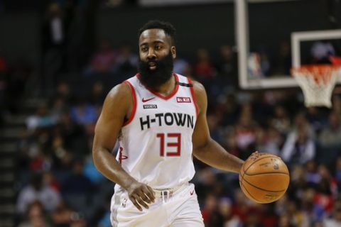 Houston Rockets guard James Harden runs the offense against the Charlotte Hornets during the second half of an NBA basketball game in Charlotte, N.C., Saturday, March 7, 2020. Charlotte won 108-99. (AP Photo/Nell Redmond)