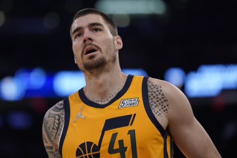 Utah Jazz's Juancho Hernangomez during the first half of an NBA basketball game against the New York Knicks, Sunday, March 20, 2022, in New York. (AP Photo/Seth Wenig)