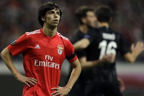 Benfica's Joao Felix reacts in dejection at the end of the Europa League quarterfinals, second leg soccer match between Eintracht Frankfurt and Benfica at the Commerzbank Arena in Frankfurt, Germany, Thursday, April 18, 2019. (AP Photo/Michael Probst)