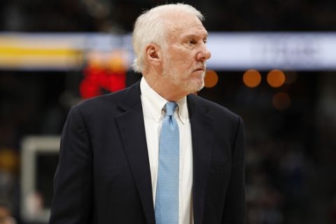 San Antonio Spurs head coach Gregg Popovich in the first half of Game 7 of an NBA basketball first-round playoff series Saturday, April 27, 2019, in Denver. (AP Photo/David Zalubowski)