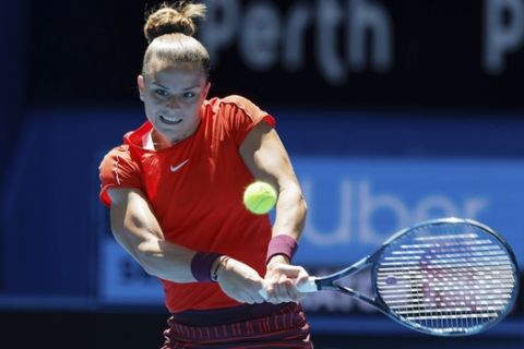 Maria Sakkari of Greece plays a shot during her match against Serena Williams of the United States at the Hopman Cup in Perth, Australia, Monday, Dec. 31, 2018. (AP Photo/Trevor Collens)