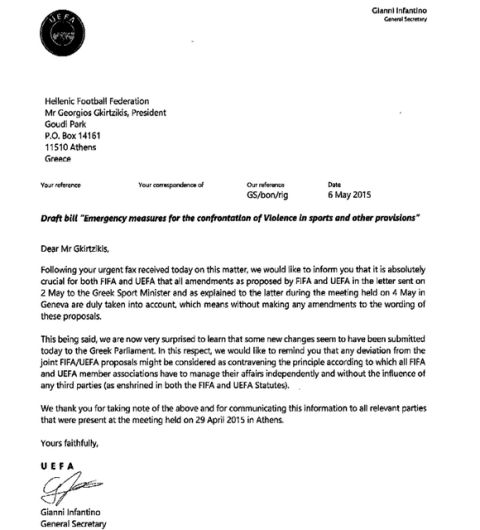 Επιστολή-προειδοποίηση της UEFA στον Κοντονή