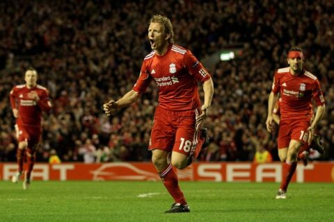 LIVERPOOL, ENGLAND - FEBRUARY 24:  Dirk Kuyt of Liverpool celebrates scoring the winning goal during the UEFA Europa League Round of 32 2nd leg match beteween Liverpool and Sparta Prague at Anfield on February 24, 2011 in Liverpool, England.  (Photo by Richard Heathcote/Getty Images)