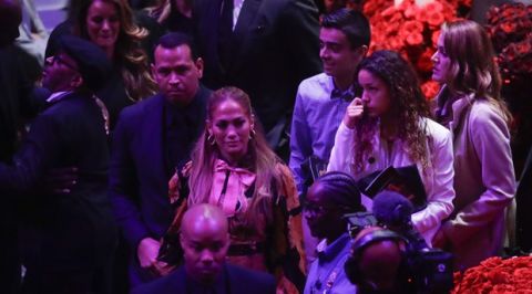 Jennifer Lopez and Alex Rodriguez leave after a celebration of life for Kobe Bryant and his daughter Gianna Monday, Feb. 24, 2020, in Los Angeles. (AP Photo/Marcio Jose Sanchez)