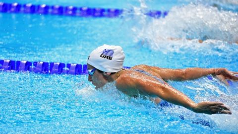 anna Greece's Anna Ntountounaki competes in a heat for the Mixed 4x100m Medley Relay Swimming event during the LEN European Aquatics Championships at the Duna Arena in Budapest on May 20, 2021. (Photo by Tobias SCHWARZ / AFP) (Photo by TOBIAS SCHWARZ/AFP via Getty Images)