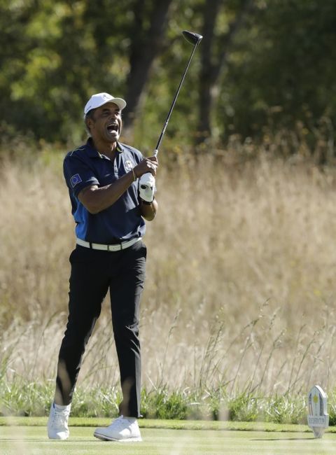French tennis legend Yanick Noah of Europe plays from the 14th tee in the Ryder Cup Celebrity Challenge match at Le Golf National in Saint-Quentin-en-Yvelines, outside Paris, France, Tuesday, Sept. 25, 2018. The 42nd Ryder Cup will be held in France from Sept. 28-30, 2018 at Le Golf National. (AP Photo/Matt Dunham)