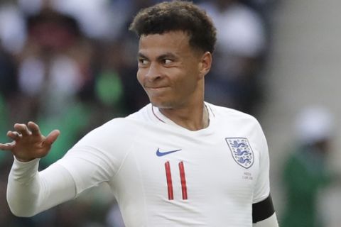 England's Dele Alli during a friendly soccer match between England and Nigeria at Wembley stadium in London, Saturday, June 2, 2018. (AP Photo/Matt Dunham)