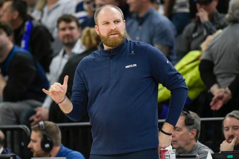 Memphis Grizzlies head coach Taylor Jenkins in action against Minnesota Timberwolves during the first half in Game 4 of an NBA basketball first-round playoff series Saturday, April 23, 2022, in Minneapolis. The Timberwolves win 119-118. (AP Photo/Craig Lassig)