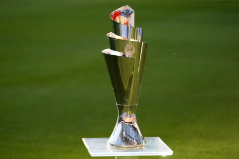 The trophy is displayed on the pitch before the Nations League semifinal soccer match between the Netherlands and Croatia at De Kuip stadium in Rotterdam, Netherlands, Wednesday, June 14, 2023. (AP Photo/Peter Dejong)