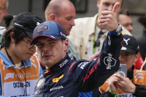 Red Bull driver Max Verstappen of the Netherlands reacts after taking pole position following qualifying at the Chinese Formula One Grand Prix at the Shanghai International Circuit, Shanghai, China, Saturday, April 20, 2024. (AP Photo/Andy Wong)