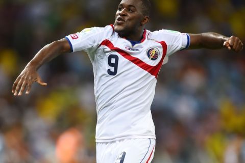 FORTALEZA, BRAZIL - JUNE 14: Joel Campbell of Costa Rica celebrates after defeating Uruguay 3-1 during the 2014 FIFA World Cup Brazil Group D match between Uruguay and Costa Rica at Castelao on June 14, 2014 in Fortaleza, Brazil.  (Photo by Laurence Griffiths/Getty Images)