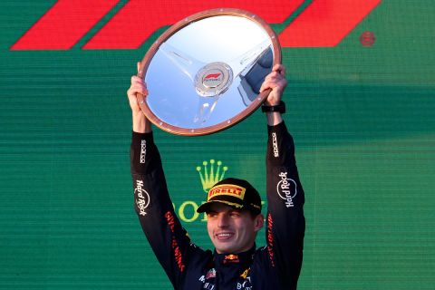 Red Bull driver Max Verstappen of Netherlands hold his trophy after winning the Australian Formula One Grand Prix at Albert Park in Melbourne, Sunday, April 2, 2023. (AP Photo/Asanka Brendon Ratnayake)