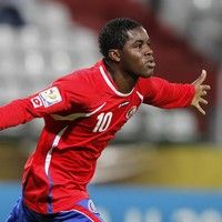 Costa Rica's Joel Campbell celebrates after scoring during a U-20 World Cup group C soccer match against Australia in Manizales, Colombia, Wednesday, Aug. 3, 2011. (AP Photo/Ricardo Mazalan)