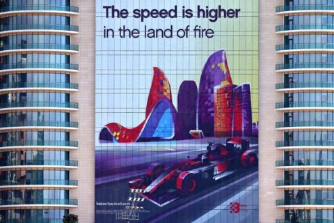 BAKU, AZERBAIJAN - JUNE 16: An advertisement on the side of a building for the Grand Prix during previews ahead of the European Formula One Grand Prix at Baku City Circuit on June 16, 2016 in Baku, Azerbaijan.  (Photo by Dan Istitene/Getty Images,)