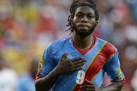 Congo's Dieudonne Mbokani reacts after scoring on a penalty to equalize the match during Congo's African Cup of Nations Group B soccer match against Ghana at Nelson Mandela Bay Stadium in Port Elizabeth, South Africa, Sunday, Jan. 20, 2013. (AP Photo/Rebecca Blackwell)