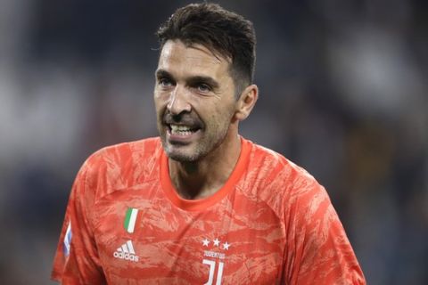 Juventus' goalkeeper Gianluigi Buffon celebrates at the end of a Serie A soccer match between Juventus and Bologna, at the Allianz stadium in Turin, Italy, Saturday, Oct.19, 2019. (AP Photo/Luca Bruno)