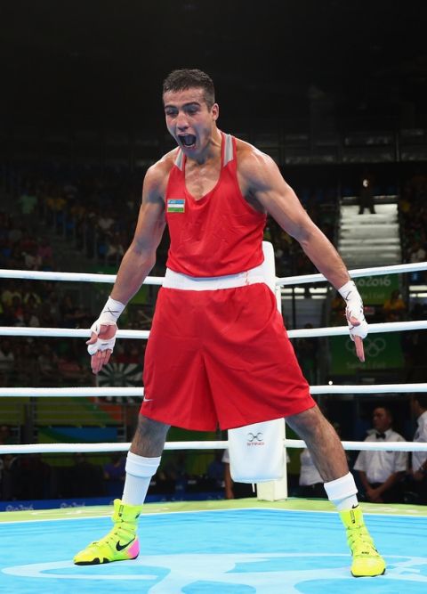 RIO DE JANEIRO, BRAZIL - AUGUST 13:  Shakhram Giyasov of Uzbekistan celebrates his victory over Roniel Iglesias of Cuba after the Men's Welterweight (69g) Quarter Final bout on Day 8 of the 2016 Rio Olympics at Riocentro - Pavilion 6 on August 13, 2016 in Rio de Janeiro, Brazil.  (Photo by Alex Livesey/Getty Images)
