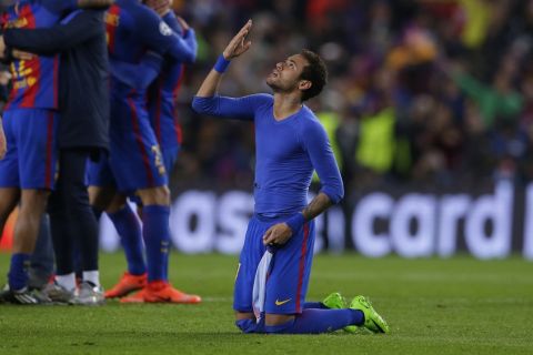 Barcelona's Neymar celebrates at the end of the Champions League round of 16, second leg soccer match between FC Barcelona and Paris Saint Germain at the Camp Nou stadium in Barcelona, Spain, Wednesday March 8, 2017. Barcelona won the match 6-1 (6-5 on aggregate). (AP Photo/Manu Fernandez)
