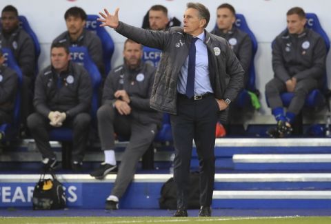 Leicester City's new manager Claude Puel reacts from the sidelines during the game against Everton, during the English Premier League soccer match at the King Power Stadium in Leicester, England, Sunday Oct. 29, 2017. (Mike Egerton/PA via AP)