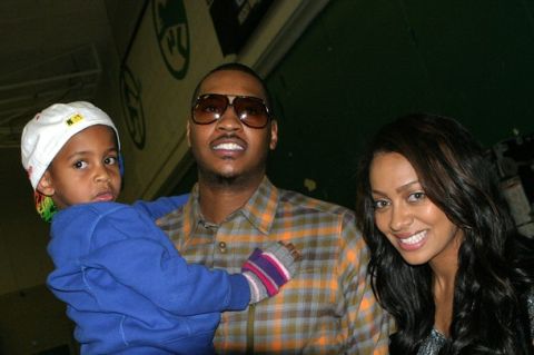 DENVER - NOVEMBER 19: Carmelo Anthony, Lala Vasquez and son attend the Get Schooled National Challenge and Tour on November 19, 2010 in Denver, Colorado. (Photo by Soren McCarty/Getty Images for The Get Schooled Foundation)