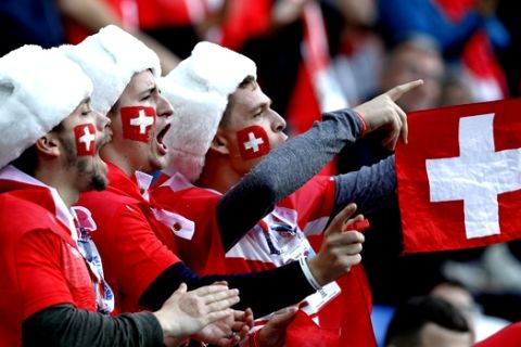 Fans cheer for Switzerland prior to the group E match between against Serbia at the 2018 soccer World Cup in the Kaliningrad Stadium in Kaliningrad, Russia, Friday, June 22, 2018. (AP Photo/Victor Caivano)