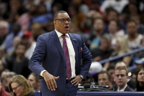 New Orleans Pelicans coach Alvin Gentry watches during the first half of the team's NBA basketball game against the Miami Heat in New Orleans, Friday, March 6, 2020. (AP Photo/Rusty Costanza)