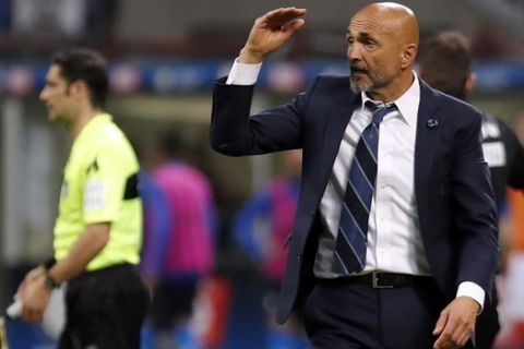 Inter Milan coach Luciano Spalletti reacts during the Serie A soccer match between Inter Milan and Empoli, at the San Siro Stadium in Milan, Italy, Sunday, May 26, 2019. (AP Photo/Antonio Calanni)