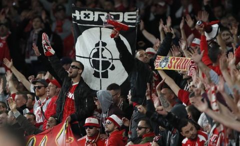 Cologne supporters cheer during the Europa League group H soccer match between Arsenal and FC Cologne at the Emirates stadium in London, England, Thursday, Sept. 14, 2017 . (AP Photo/Kirsty Wigglesworth)