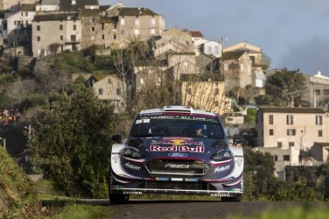 Sebastien Ogier (FRA) and Julien Ingrassia(FRA) perform during FIA  World Rally Championship 2018 in Bastia, France on 5.04.2018