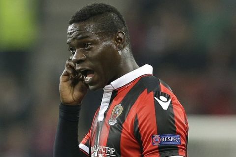 FILE- In this Thursday, Nov. 3, 2016 file photo, Nice's forward Mario Balotelli, of Italy, reacts during the Europa League group I soccer match between OGC Nice and FC Salzburg, in Nice stadium, southeastern France. Nice striker Mario Balotellis teammate Alassane Pleas has confirmed he heard Bastia supporters racially abusing Balotelli with monkey chants during the league match on Friday, Jan. 20, 2017. (AP Photo/Claude Paris, File)