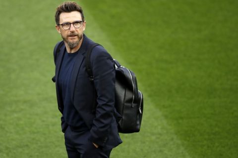 Roma's manager Eusebio Di Francesco looks on at Anfield, Liverpool, England, Monday, April 23, 2018. Roma will play a Champions League semi final first leg soccer match on Tuesday. (Martin Rickett/PA via AP)