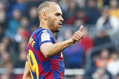 Barcelona's new signing Martin Braithwaite gives the thumbs-up during a Spanish La Liga soccer match between Barcelona and Eibar at the Camp Nou stadium in Barcelona, Spain, Saturday Feb. 22, 2020. (AP Photo/Joan Monfort)